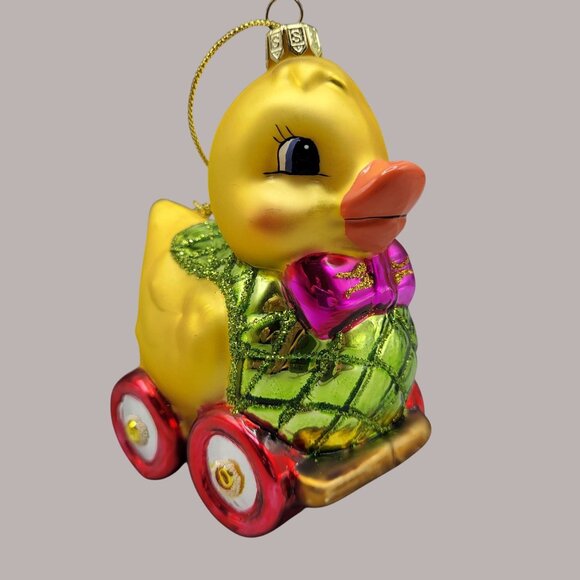 Holiday Duck Pull Toy Glass Ornament Christmas Tree Home Decor - Picture 1 of 15
